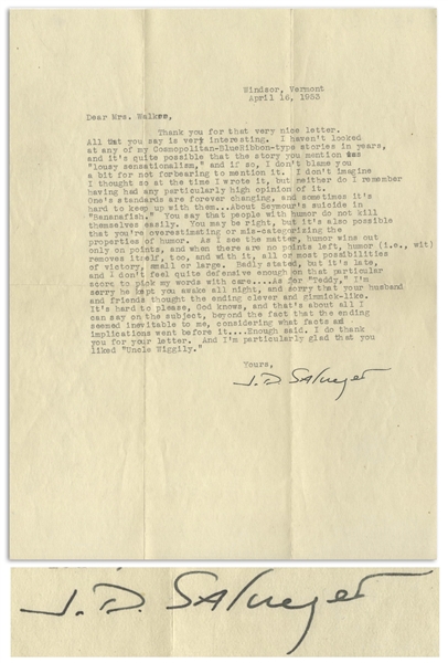 J.D. Salinger Letter Signed From 1953, Commenting on Several of His Stories -- ''...About Seymour's suicide in 'Bananafish'...''